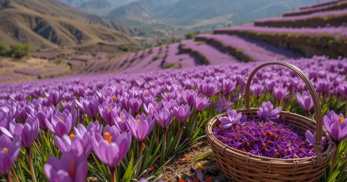Moroccan saffron harvest Atlas Mountains crocus flowers red stigmas traditional agriculture valuable spice