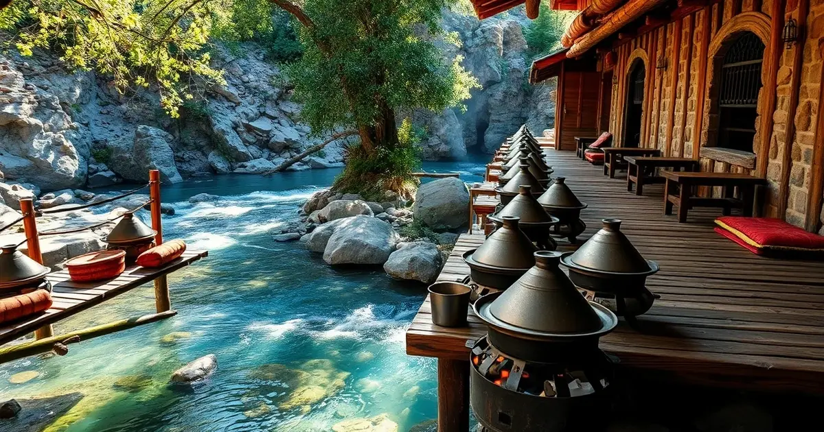Ourika River Morocco wooden platforms traditional tajine cooking mountain water Atlas Mountains gastronomy