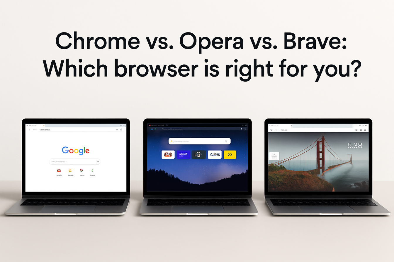 Chrome, Brave, and Opera GX browsers displayed on three adjacent screens