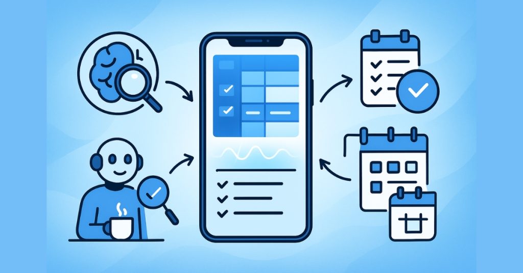Smartphone with schedule, brain‑magnifier icon, person with coffee, checklist, and calendar icons around it