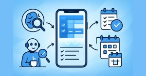 Smartphone with schedule, brain‑magnifier icon, person with coffee, checklist, and calendar icons around it