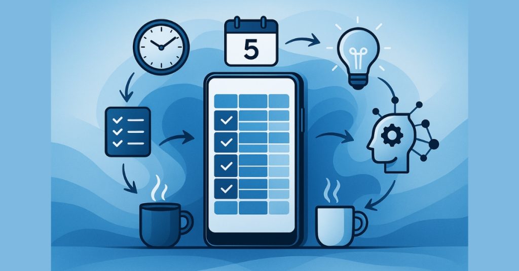 Smartphone displaying task list with clock, calendar, lightbulb, AI brain, and coffee icons around it