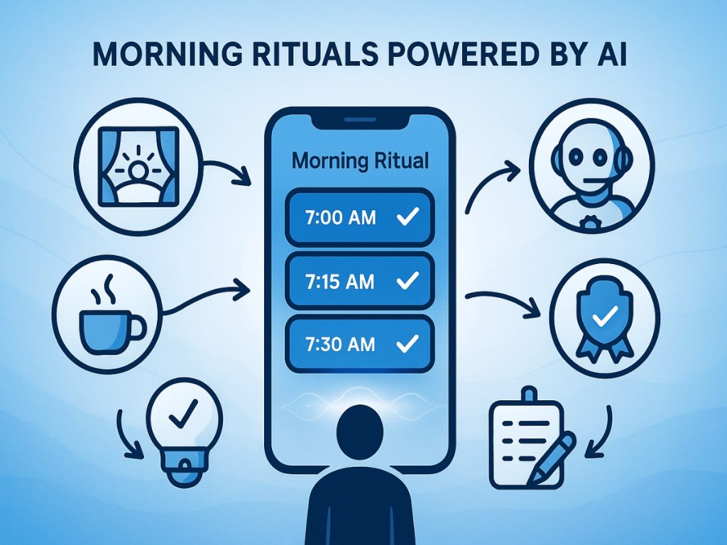 Mobile screen with morning ritual times and icons for sunrise, coffee, idea, AI, badge, and checklist