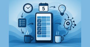 Smartphone displaying task list with clock, calendar, lightbulb, AI brain, and coffee icons around it