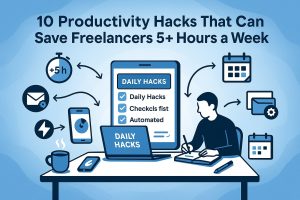 Freelancer at desk writing next to a laptop and screen showing a daily hacks checklist, with icons for +5 h time savings, email automation, energy boost, mobile timer, and calendars around.