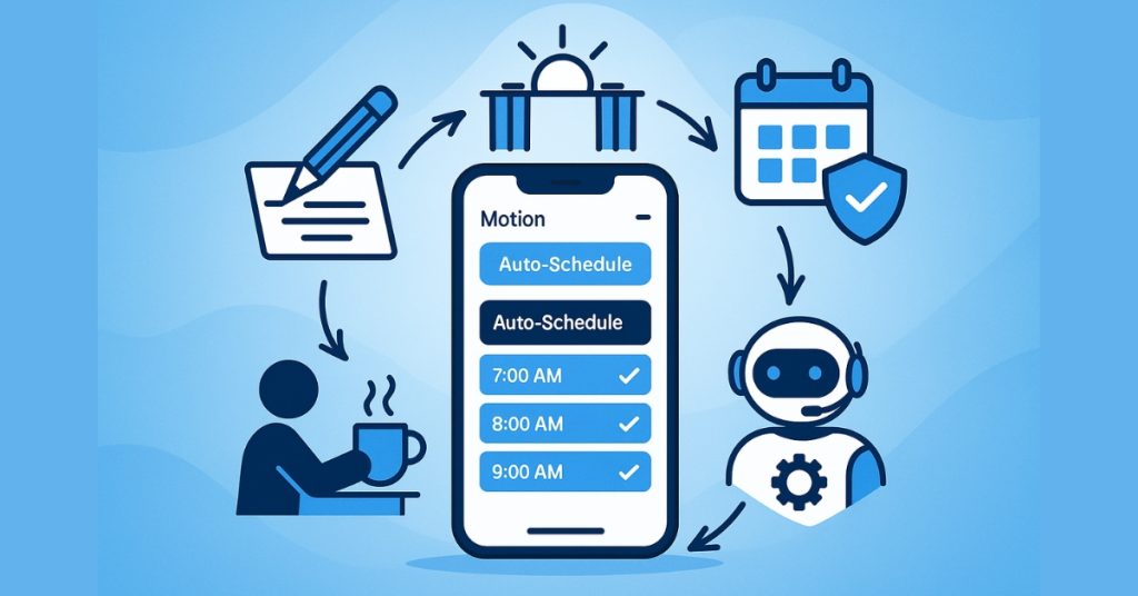 Illustration of Motion’s AI auto‑scheduling process, from task entry to real‑time adjustments
