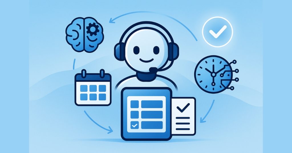 AI assistant robot with headset surrounded by brain, calendar, clock, and checkmark icons
