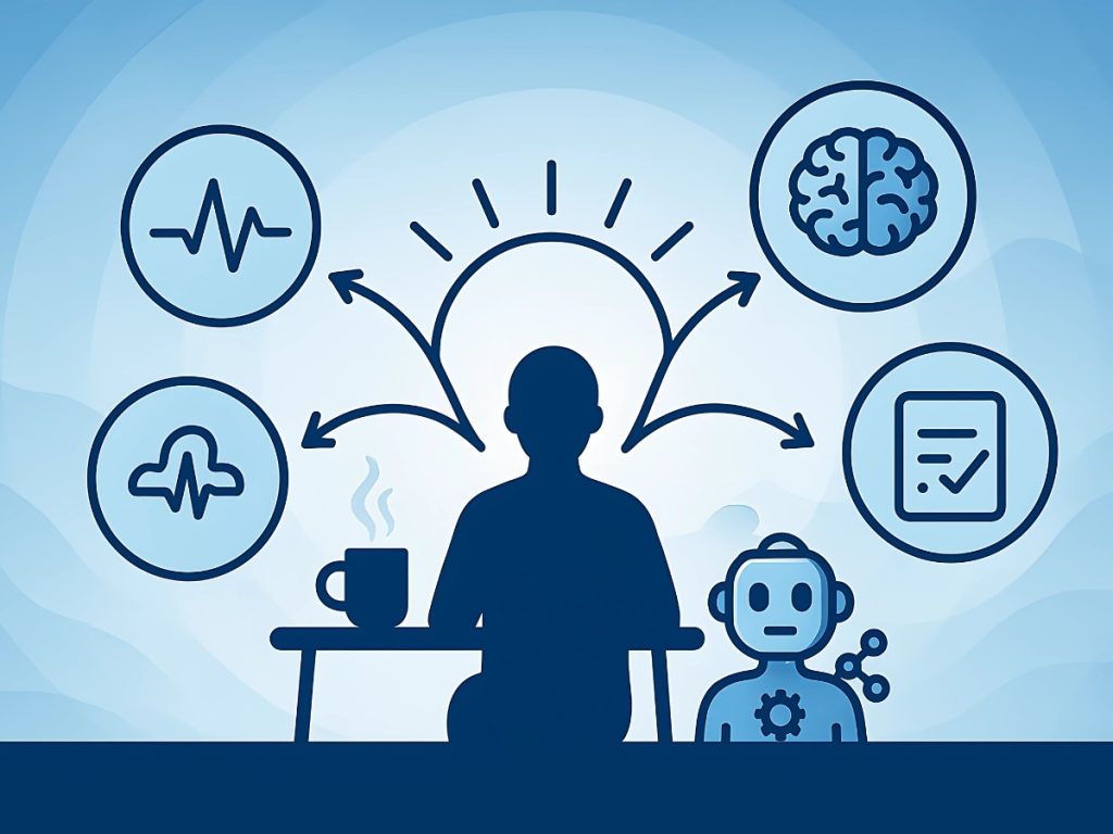 Person with coffee and robot surrounded by biofeedback, brain, and checklist icons.