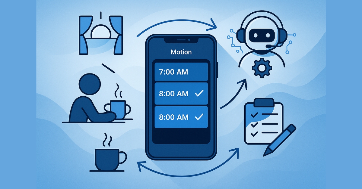 Phone with time‑blocks surrounded by arrows to sunrise, AI robot, checklist, and coffee cup icons