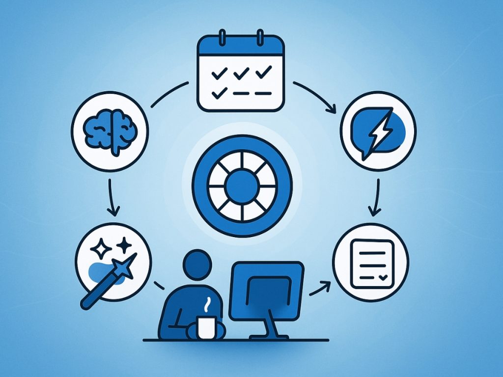Circular flow of calendar, energy, checklist, personalization, insights, and user icons around a life ring
