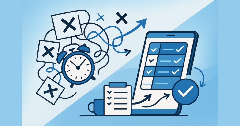 Split illustration of chaotic tasks and an organized AI-scheduled checklist
