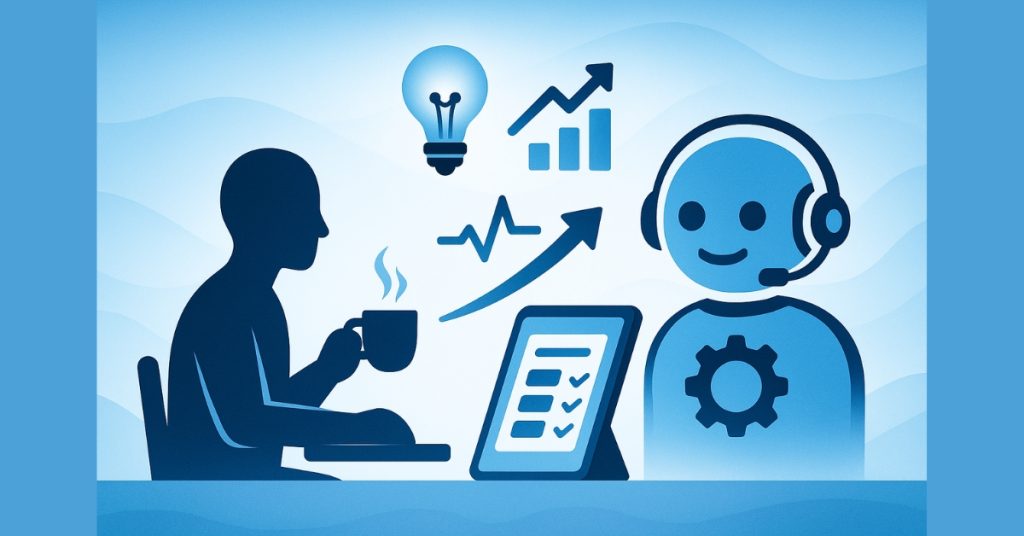 Person drinking coffee collaborating with AI assistant, with icons for ideas, growth, and energy