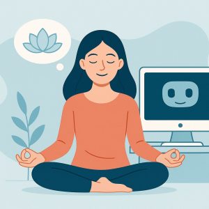 A peaceful woman meditating in front of a screen showing a friendly AI face