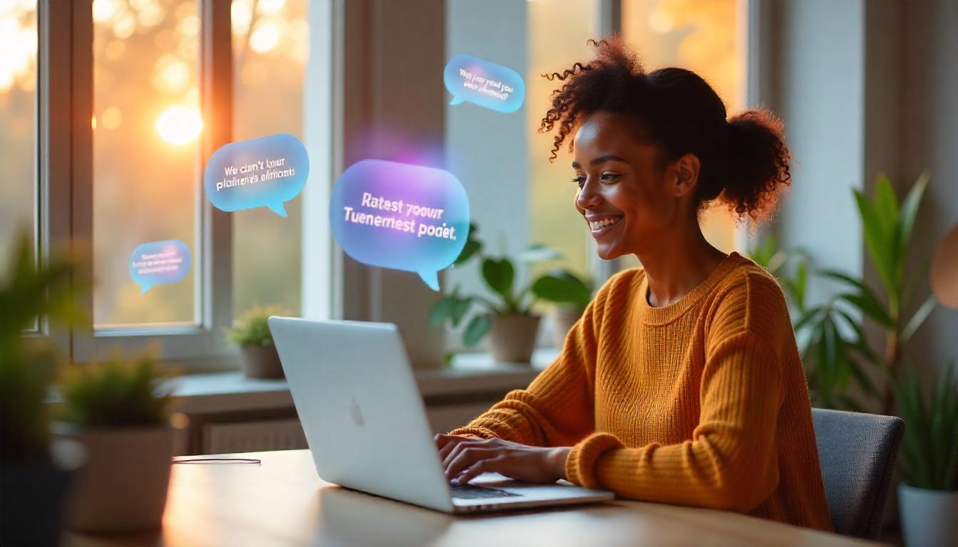 Young professional using ChatSimple AI chatbot for morning motivation and planning at modern desk with laptop and coffee