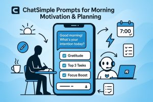 Person writing with coffee next to a phone showing ChatSimple morning prompt and checklist, with AI assistant, calendar, energy, and checklist icons around.