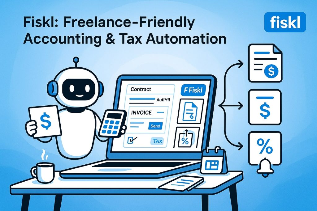 AI robot with calculator and dollar document next to a laptop showing Fiskl’s invoice and contract interface, with icons for tax, percentage, and calendar around
