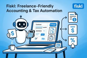 AI robot with calculator and dollar document next to a laptop showing Fiskl’s invoice and contract interface, with icons for tax, percentage, and calendar around