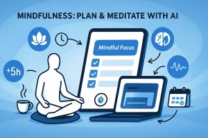 Person meditating next to a “Mindful Focus” checklist on a tablet, with icons for lotus, clock, brain, waveform, calendar, and a laptop