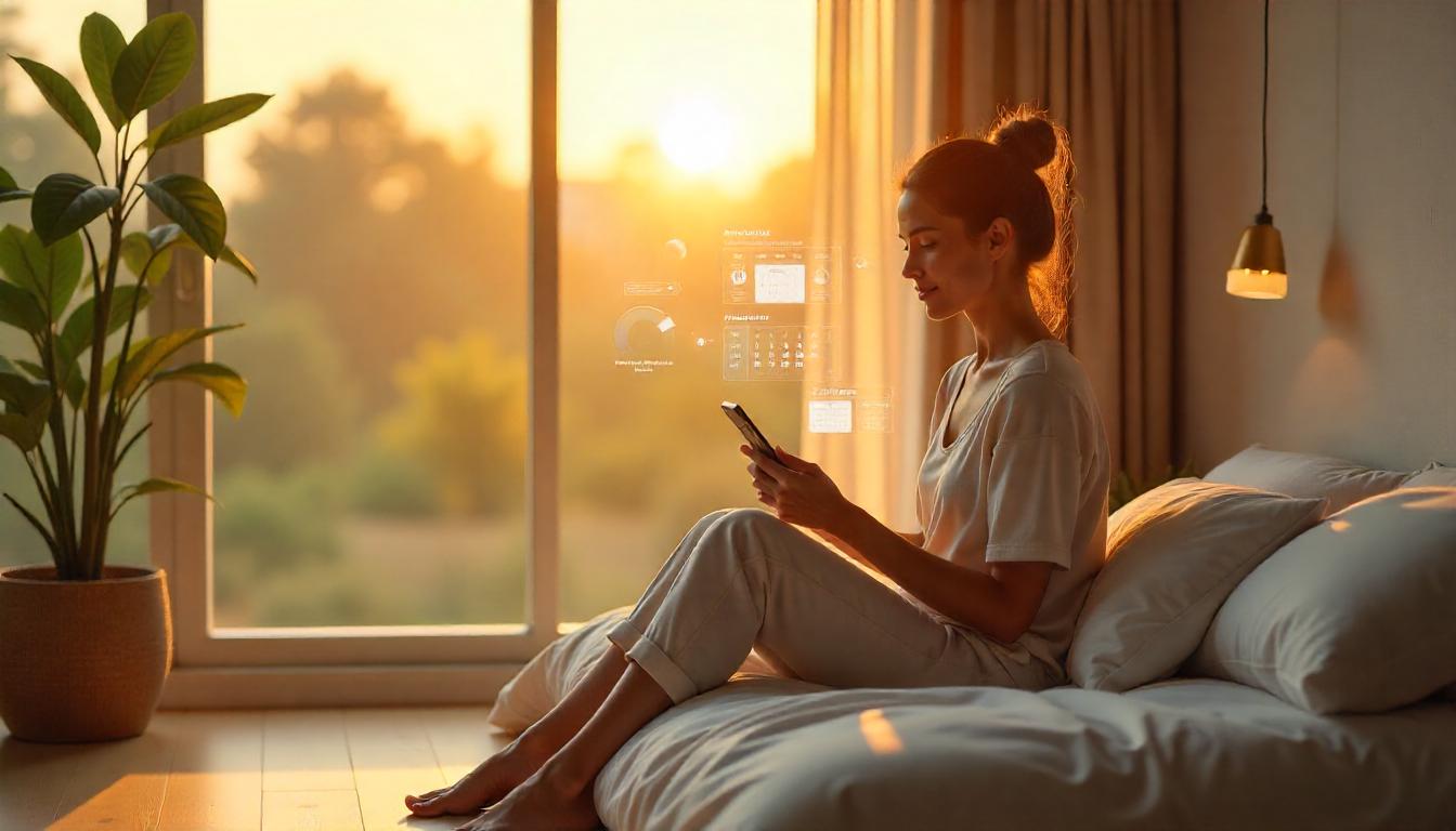 Young woman using AI-powered morning routine app on smartphone in modern bedroom with golden sunrise lighting and holographic interface elements