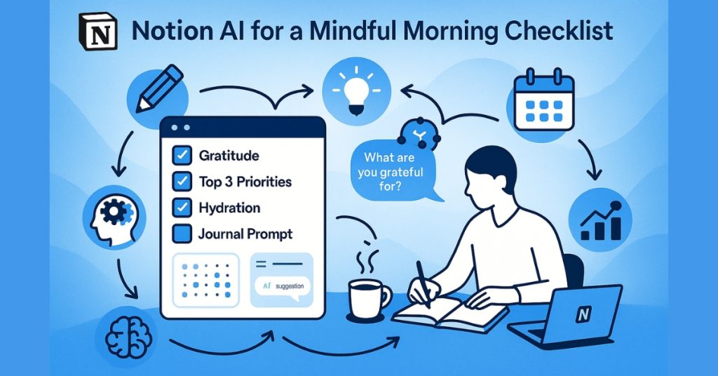 Notion AI dashboard with checkboxes for gratitude, priorities, hydration, and journal prompt, alongside a person journaling with coffee and a laptop.