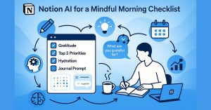 Notion AI dashboard with checkboxes for gratitude, priorities, hydration, and journal prompt, alongside a person journaling with coffee and a laptop.