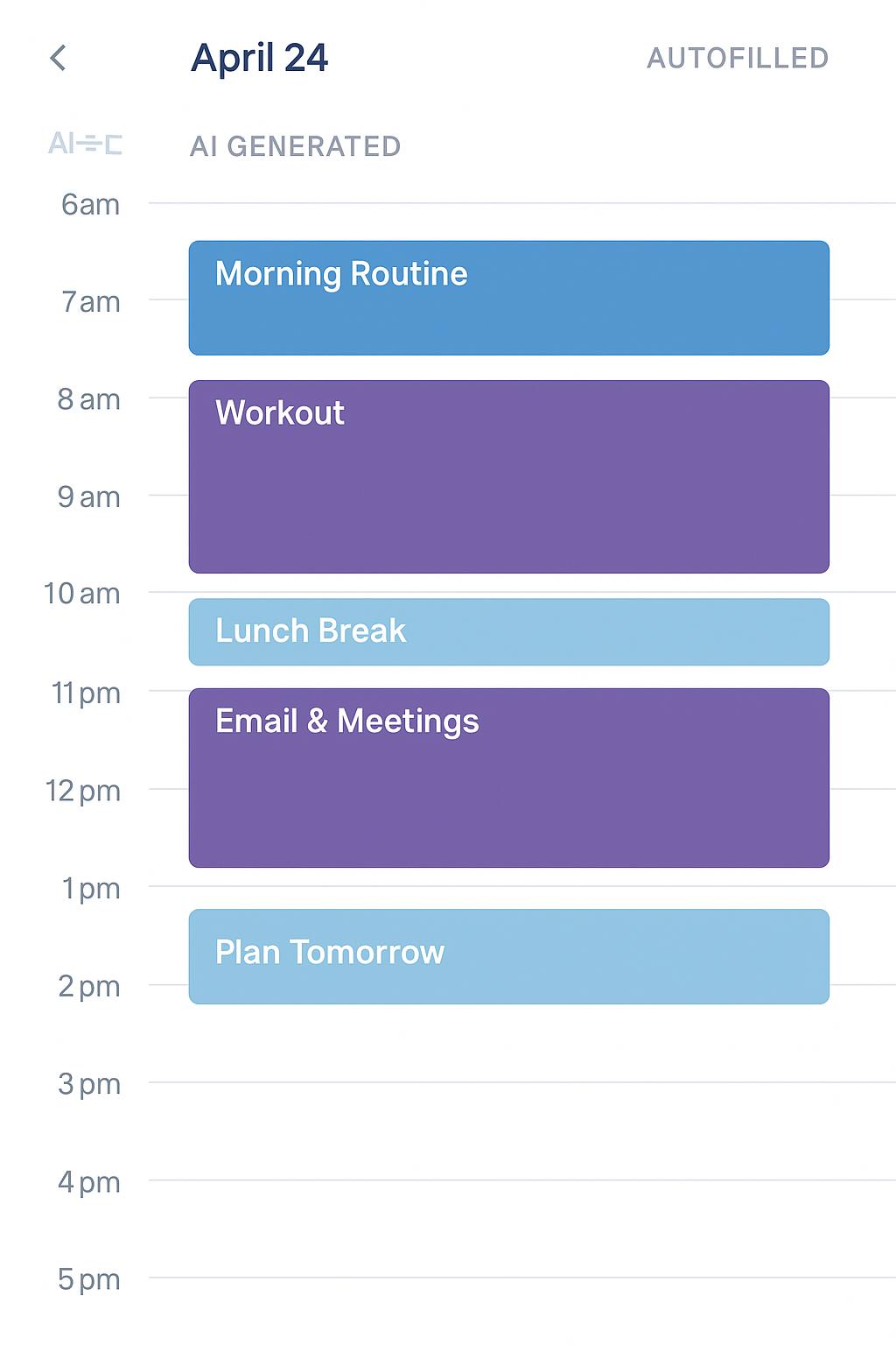 Visual example of an AI-generated daily calendar with automatic time blocks for tasks, meetings, and focus sessions