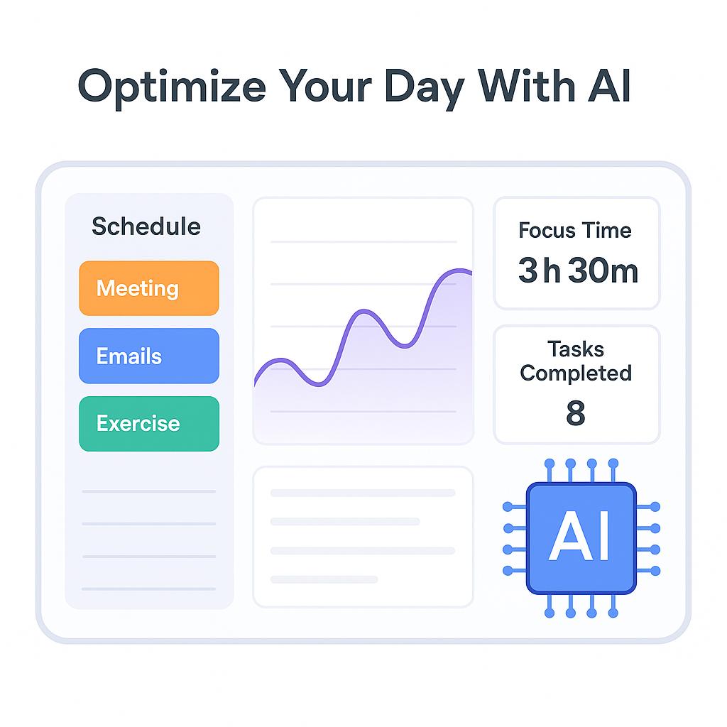 Visual dashboard showing AI-assisted daily schedule, focus time tracking, and task completion stats
