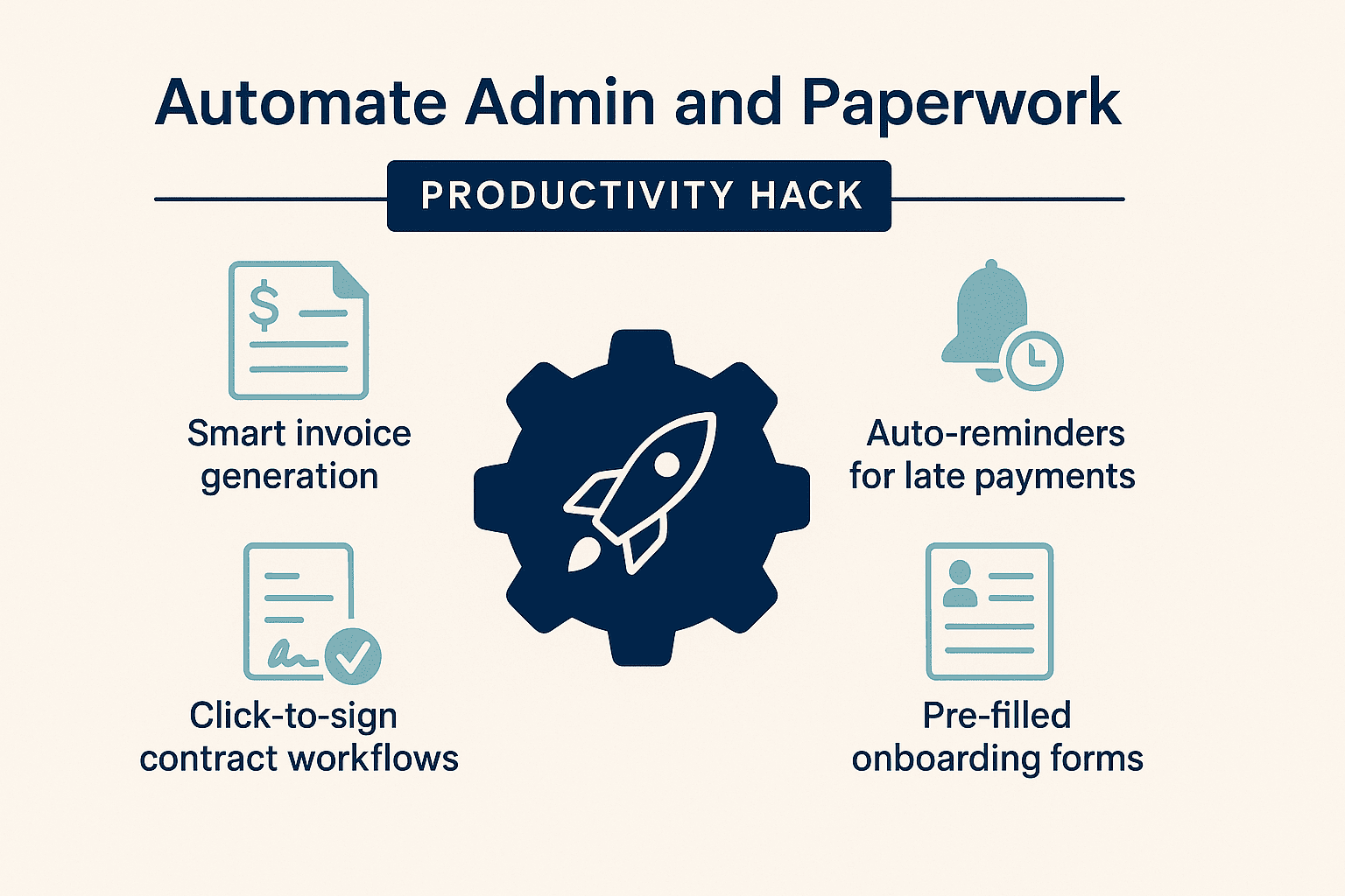 Icons representing smart invoicing, auto-reminders, contract workflows, and onboarding forms