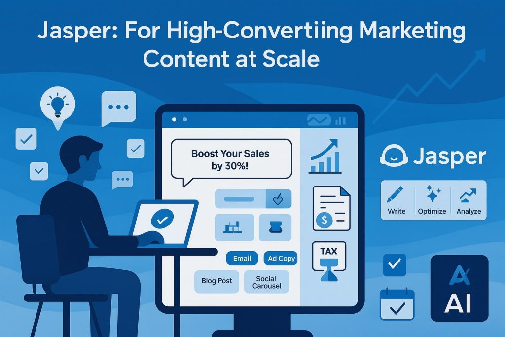 Person at desk typing on laptop, monitor showing “Boost Your Sales by 30%!” with buttons for Email, Ad Copy, Blog Post, Social Carousel, plus Jasper logo, chart, invoice, tax, calendar, and AI icons