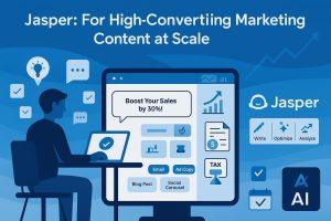 Person at desk typing on laptop, monitor showing “Boost Your Sales by 30%!” with buttons for Email, Ad Copy, Blog Post, Social Carousel, plus Jasper logo, chart, invoice, tax, calendar, and AI icons