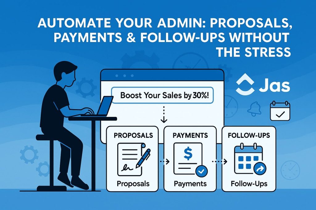 Freelancer at a desk with laptop, screen showing “Boost Your Sales by 30%!” and workflow cards labeled Proposals, Payments, and Follow‑Ups