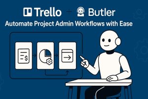 Person at desk pointing to a Trello board with cards for invoice, chart‑with‑gear, and arrow, under Trello + Butler branding