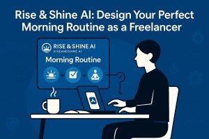 Freelancer at desk using Rise & Shine AI on a screen that shows sunrise → checklist → meditation icons with a clock reminder.