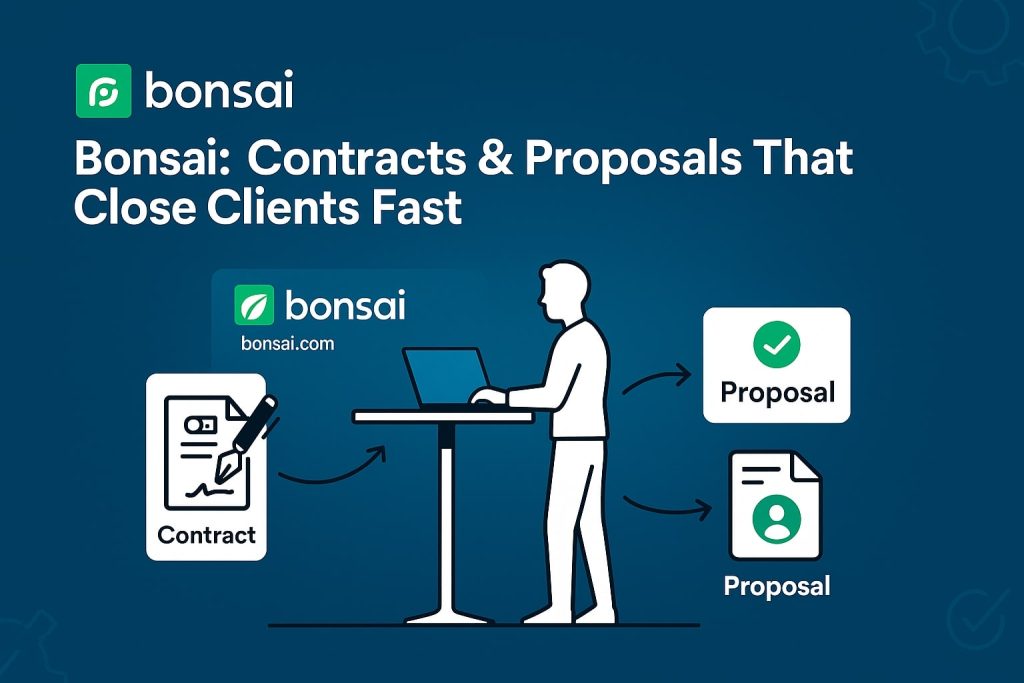 Freelancer at a standing desk writing a contract on Bonsai, with arrows leading to two proposal documents—one checkmarked—to illustrate fast client closings