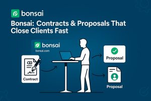 Freelancer at a standing desk writing a contract on Bonsai, with arrows leading to two proposal documents—one checkmarked—to illustrate fast client closings