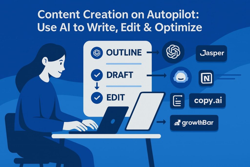 Person typing at laptop with a board showing “Outline → ChatGPT, Jasper,” “Draft → Notion, [writing tool],” “Edit → copy.ai,” and “Optimize → GrowthBar.”Person typing at laptop with a board showing “Outline → ChatGPT, Jasper,” “Draft → Notion, [writing tool],” “Edit → copy.ai,” and “Optimize → GrowthBar”