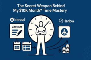 Person standing in front of a large clock with arrows from a contract icon to calendar blocks and from the Harlow logo to a client icon and coin stacks