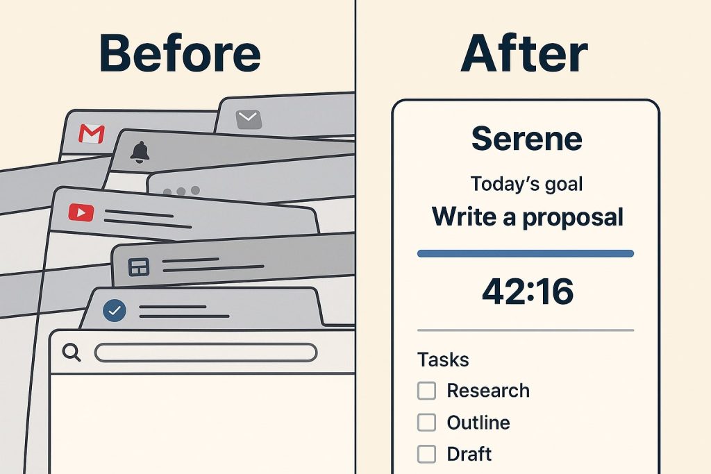 Side-by-side comparison of chaotic browser tabs vs. Serene app interface showing focused task timer