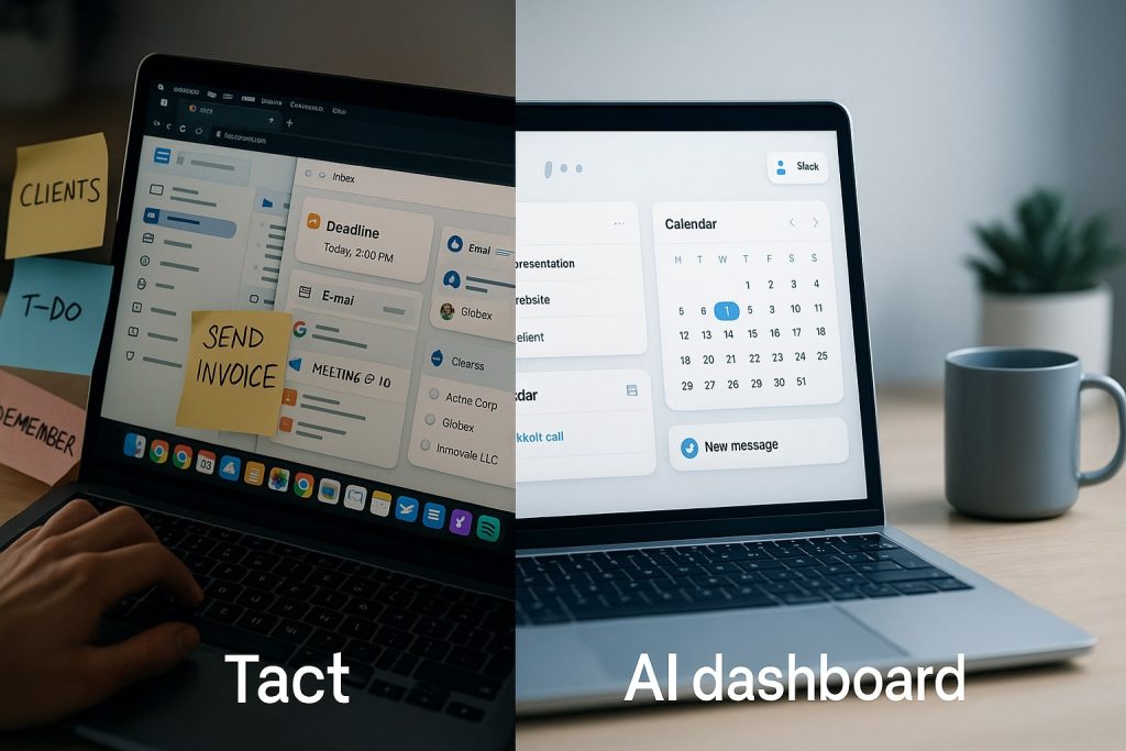 Split screen comparing a cluttered freelance workspace vs. a clean AI dashboard setup