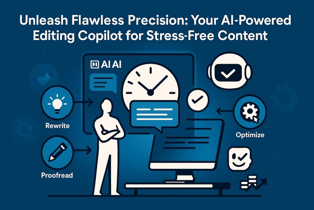 Person next to screens showing AI editing copilot with icons for rewrite, proofread, optimize, a clock, text bubbles, and checkmarks