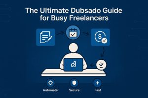 Freelancer seated at a desk in front of a laptop with the Dubsado logo, surrounded by icons for contracts, calendar, payments, and task completion, plus “Automate,” “Secure,” and “Fast” icons below