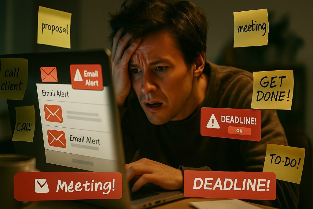 A freelancer's screen cluttered with sticky notes and alerts