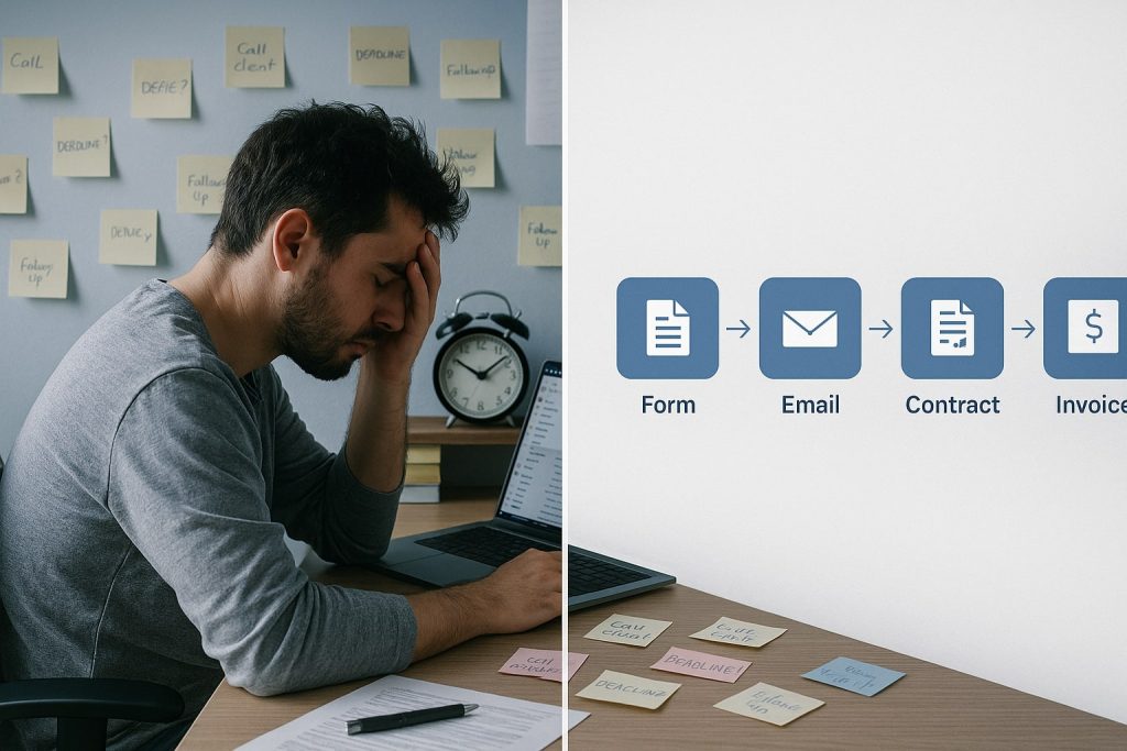 Before and after of chaotic vs automated freelance onboarding