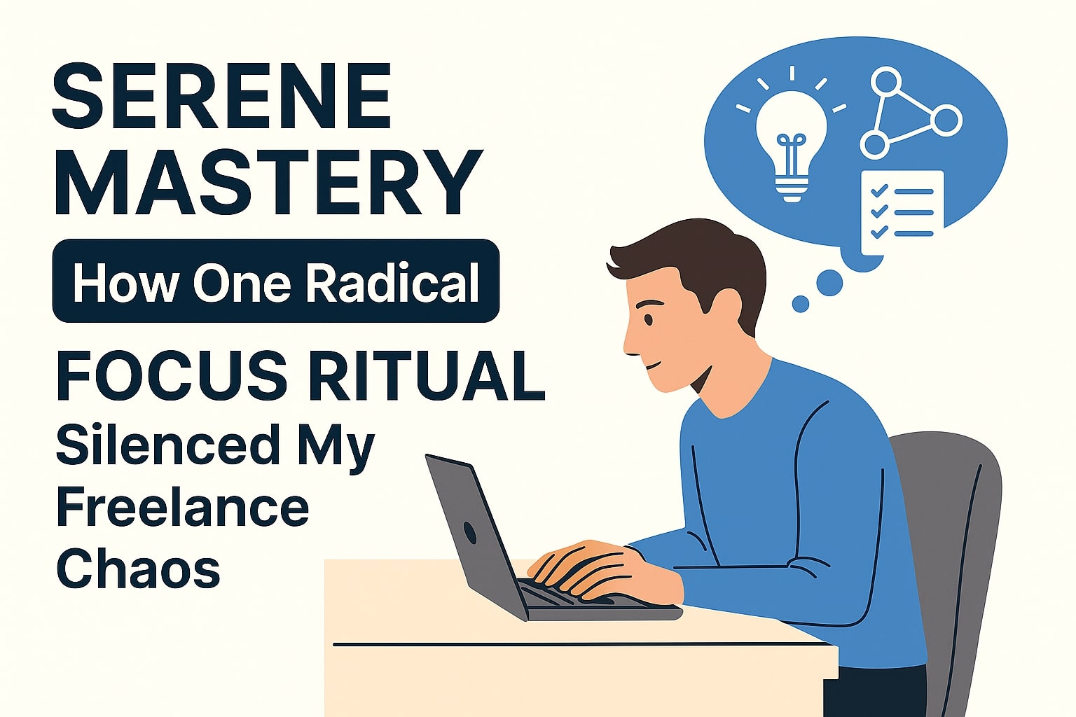 Freelancer using Serene app at desk, calm workspace with thought bubble showing ideas and checklist