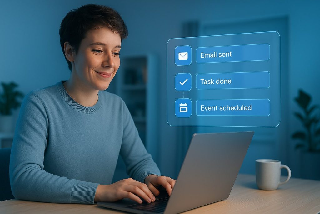 A calm workspace showing AI task flows happening quietly