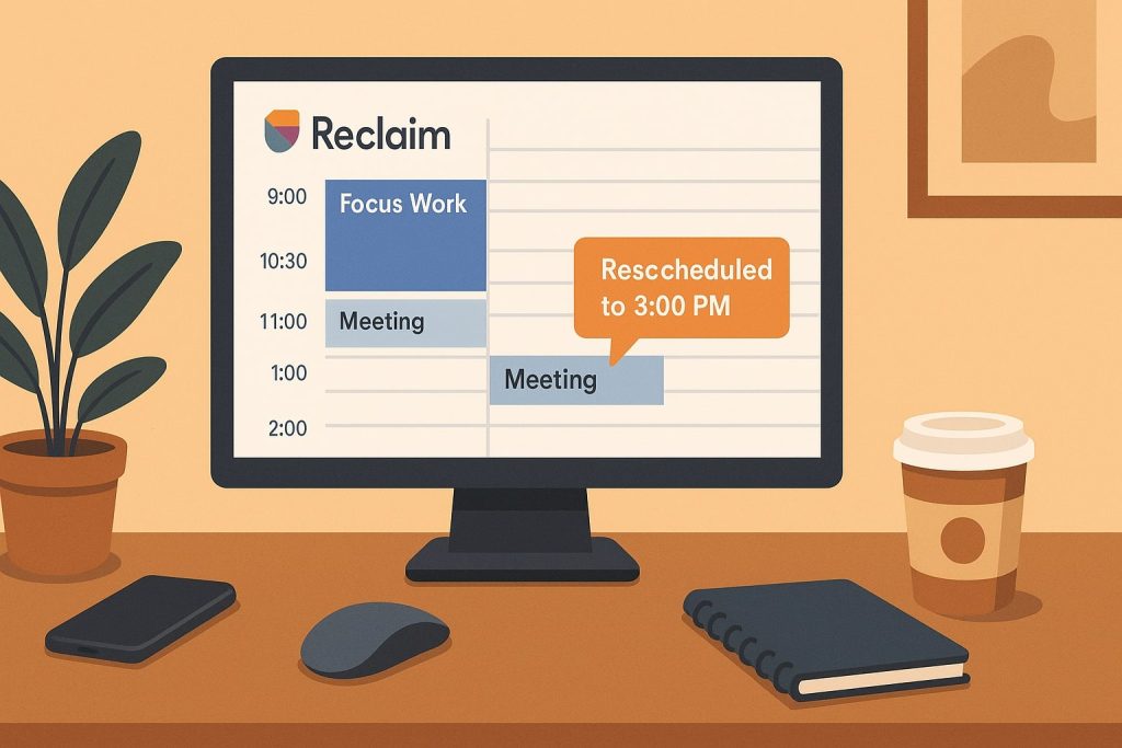 AI-powered calendar interface auto-blocking time for focus work, showing overlapping meetings being rescheduled.