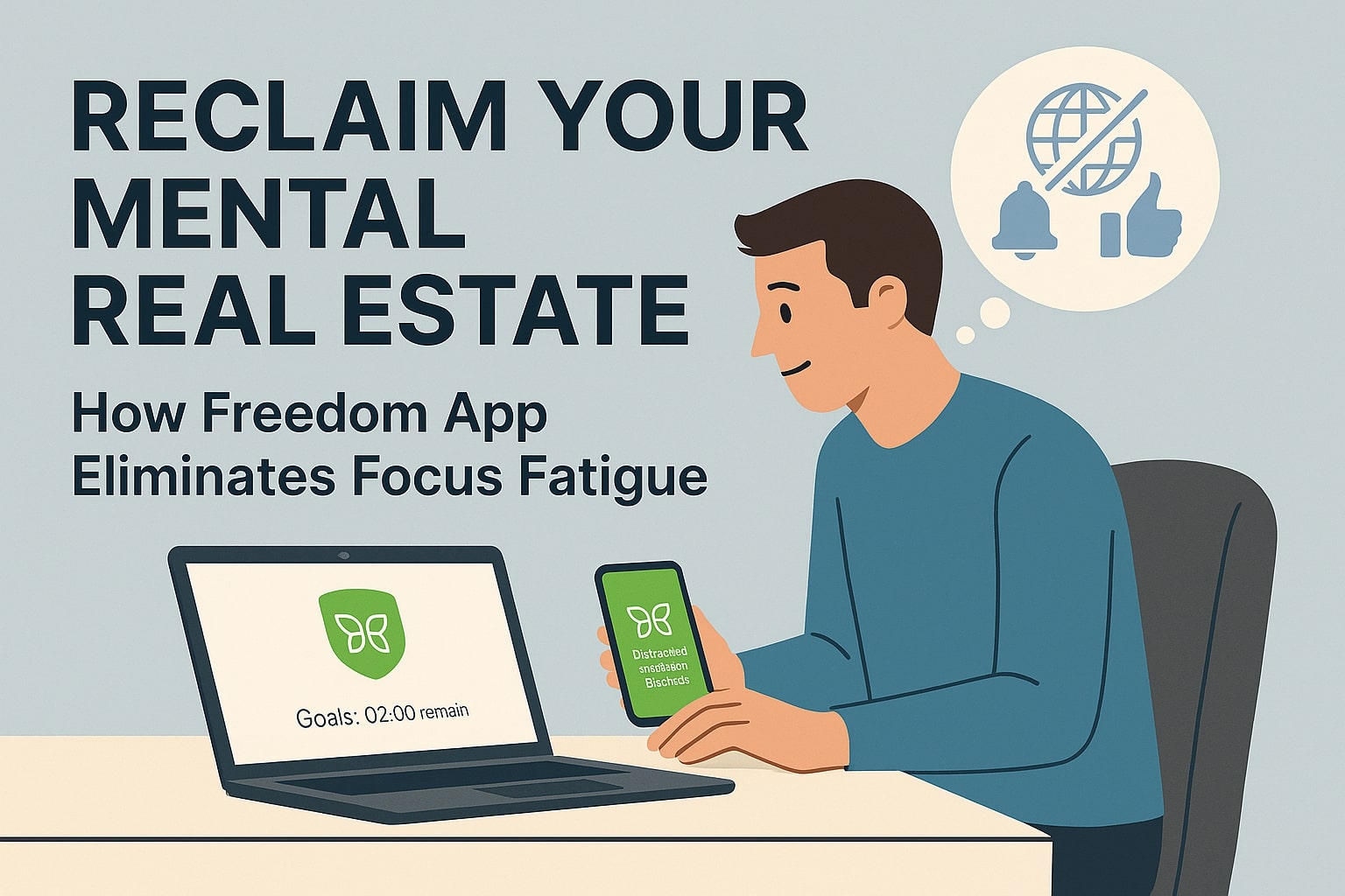 Freelancer using Freedom App on phone and laptop, focused at a minimalist desk with blocked distractions