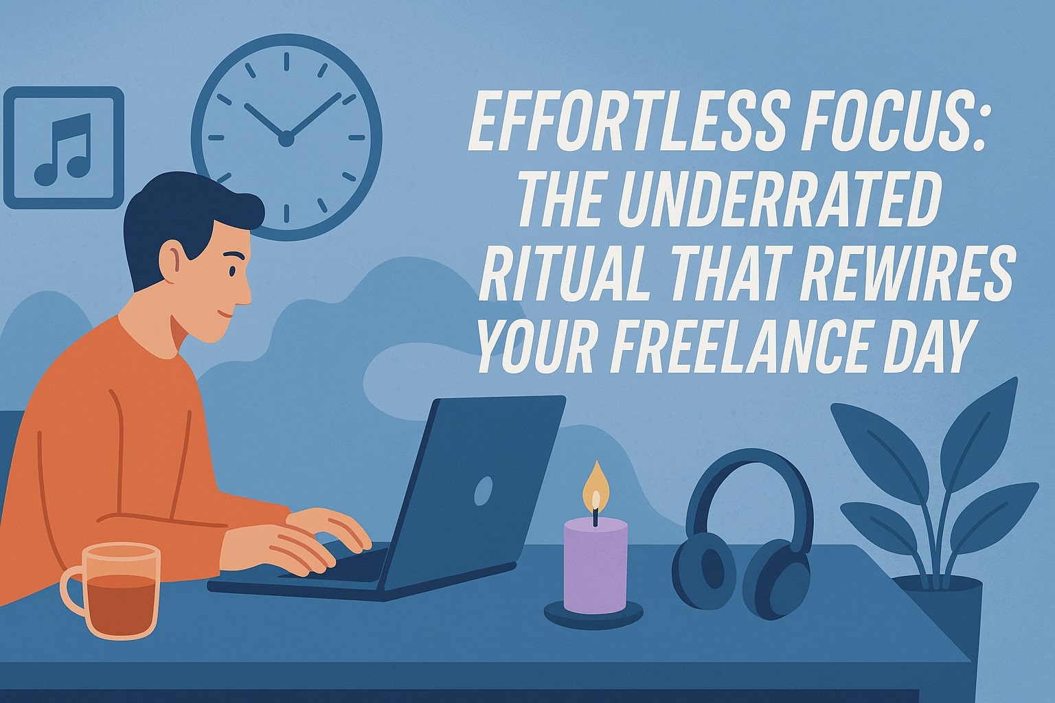 Illustration of a focused freelancer at a desk with ambient cues like headphones, candle, and coffee, emphasizing deep work and productivity rituals.