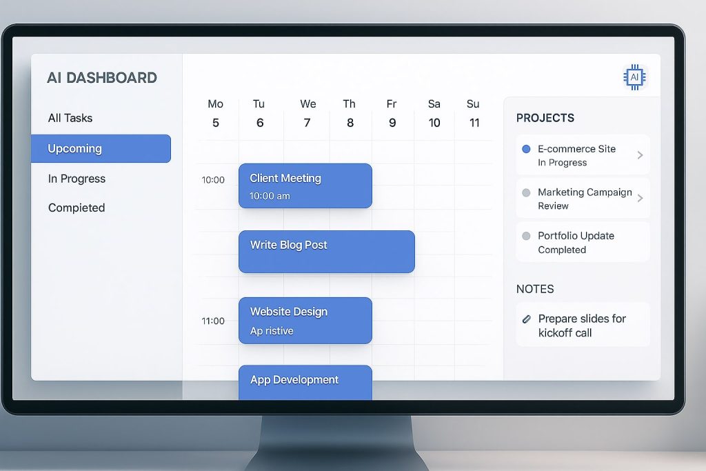 AI-powered dashboard layout with task categories, calendar, and notes in a centralized interface