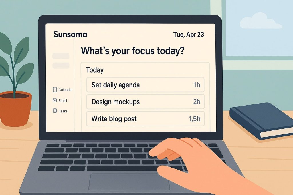 Laptop screen showing Sunsama’s task planner with a hand preparing the daily agenda, surrounded by a calm workspace setup.
